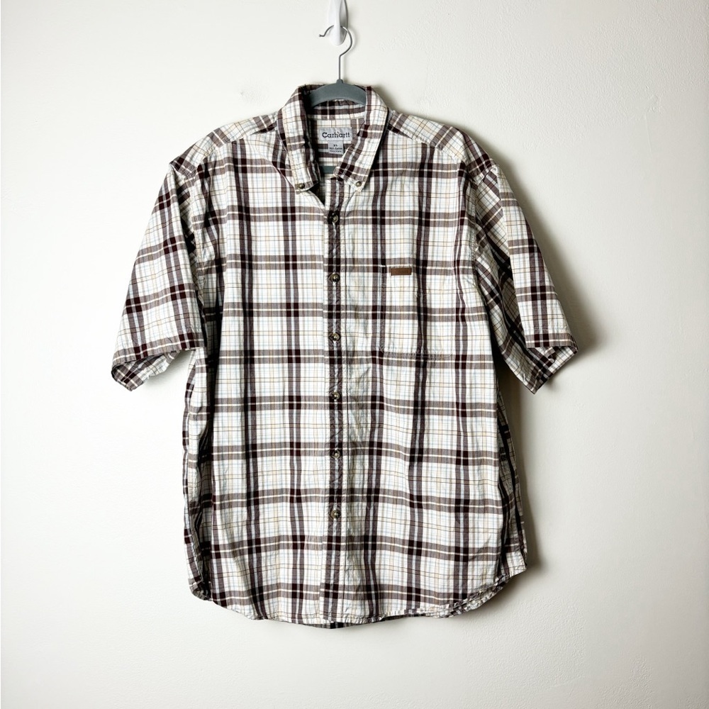 CARHARTT • Men’s Brown/Ivory Plaid Cotton Short Sleeve Button Down Shirt Size XL